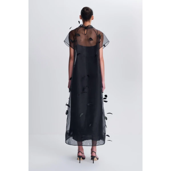Pauline Organza Feather Midi Dress in Black - Image 5