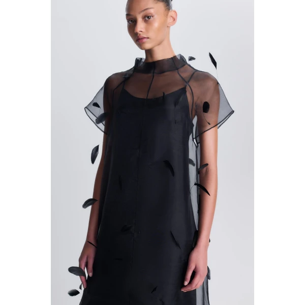 Pauline Organza Feather Midi Dress in Black - Image 6