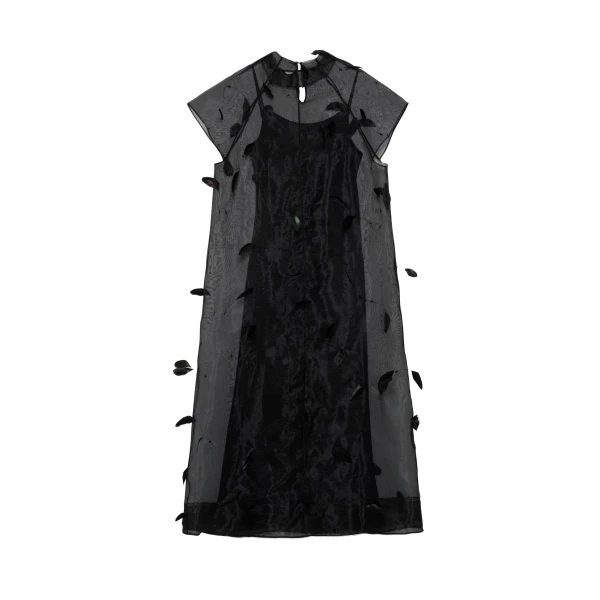 SIMKHAI Pauline Organza Feather Midi Dress in Black