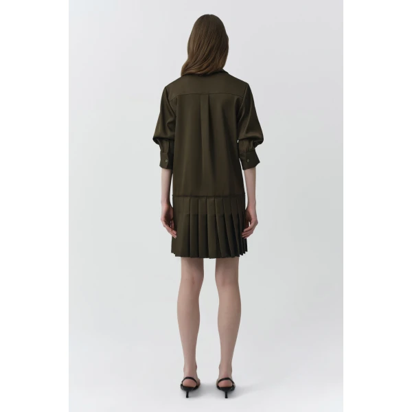 Regina Pleated Mini Shirt Dress in Dark Olive - Image 5