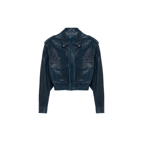 SIMKHAI Roland Leather Cropped Jacket in Dark Indigo