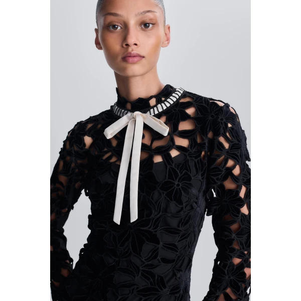 Thiora Velvet Embroidered Lace Midi Dress in Black - Image 6