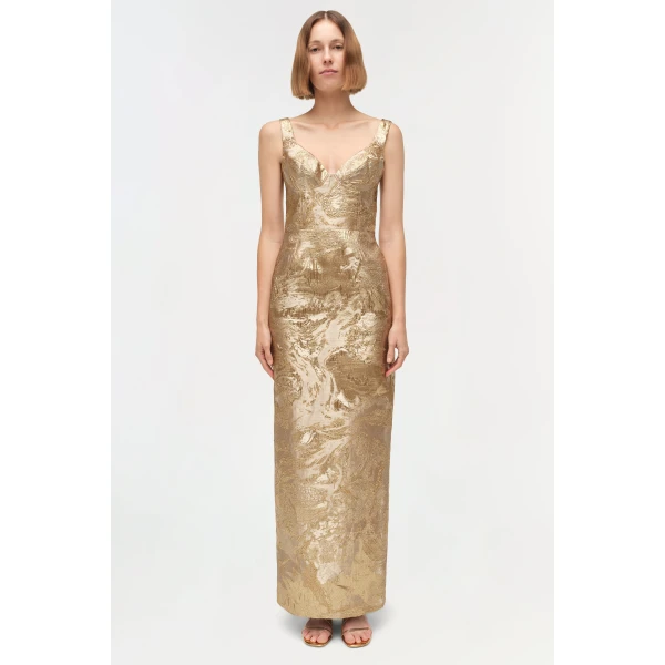 Viella Metallic Jacquard Gown in Gold - Image 6