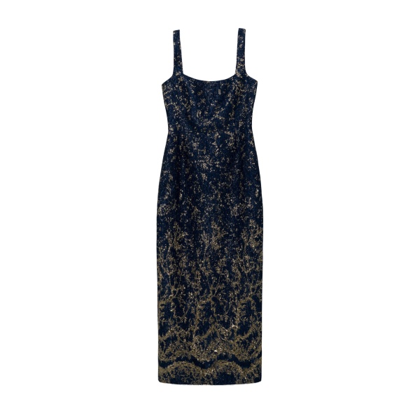 SIMKHAI Virette Metallic Jacquard Midi Dress in Midnight