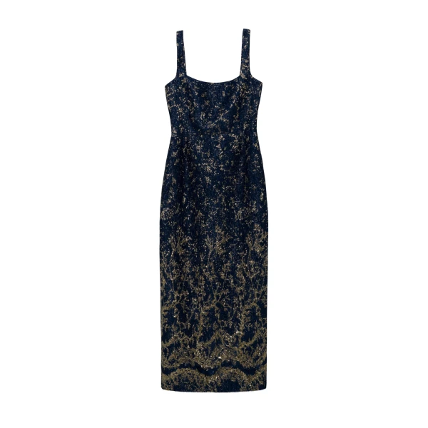 Virette Metallic Jacquard Midi Dress in Midnight
