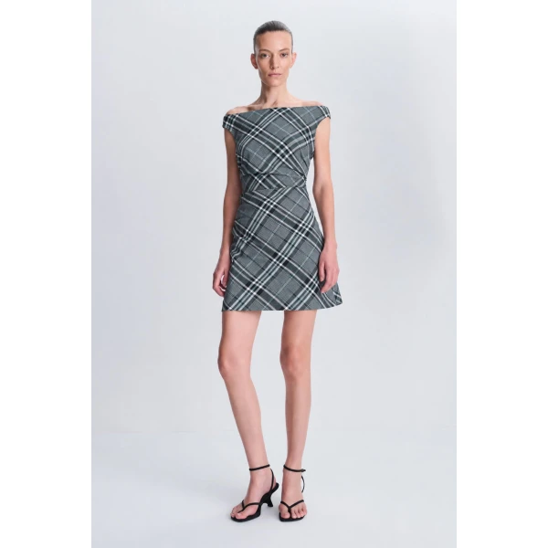 SIMKHAI Wells Off-Shoulder Mini Dress in Everglade Plaid