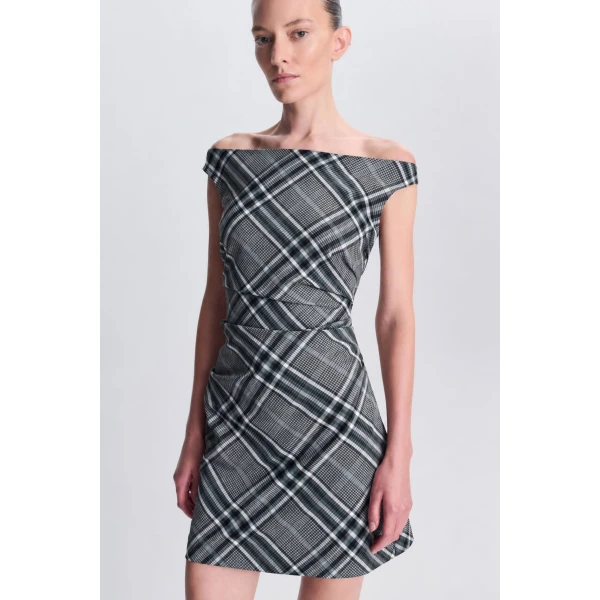 SIMKHAI Wells Off-Shoulder Mini Dress in Everglade Plaid