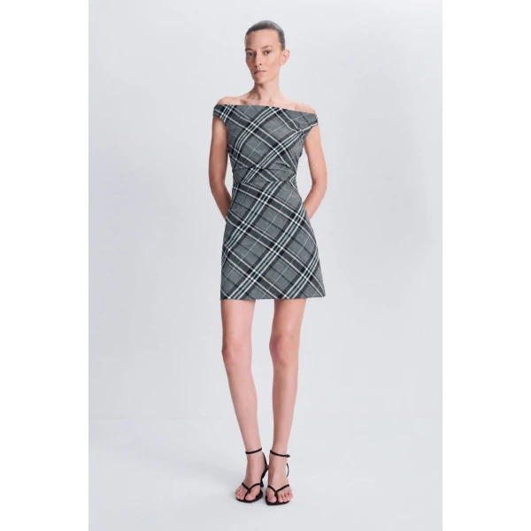 SIMKHAI Wells Off-Shoulder Mini Dress in Everglade Plaid