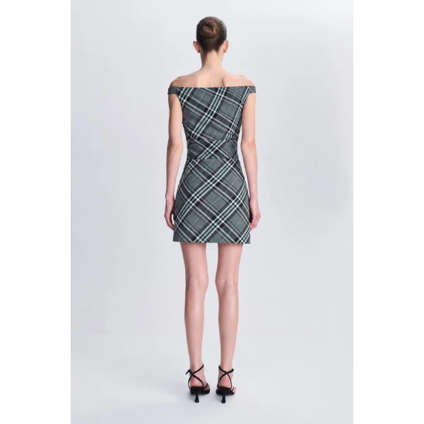 SIMKHAI Wells Off-Shoulder Mini Dress in Everglade Plaid