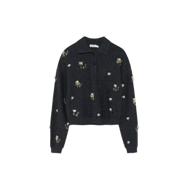 Zarelle Embellished Wool Cashmere Polo in Dark Charcoal
