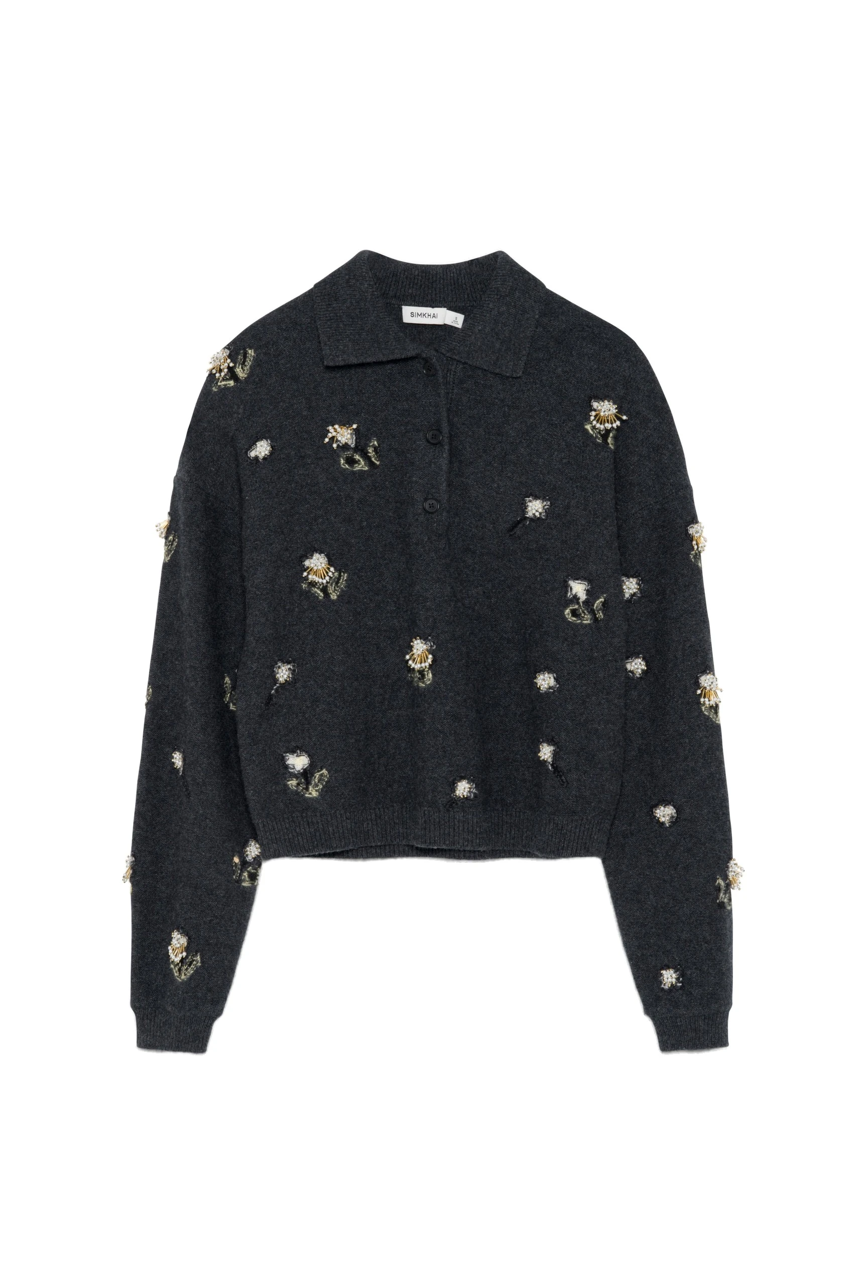 SIMKHAI Zarelle Embellished Wool Cashmere Polo in Dark Charcoal SIMKHAI Zarelle Embellished Wool Cashmere Polo in Dark Charcoal