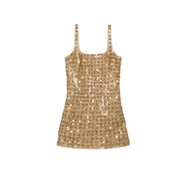 Ziva Embellished Satin Mini Dress in Light Gold