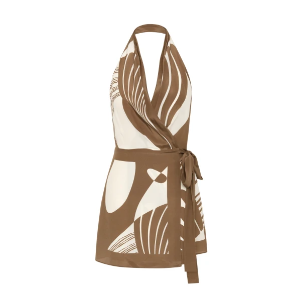 Almara Wrap Halter Mini Dress in Espresso Stripe