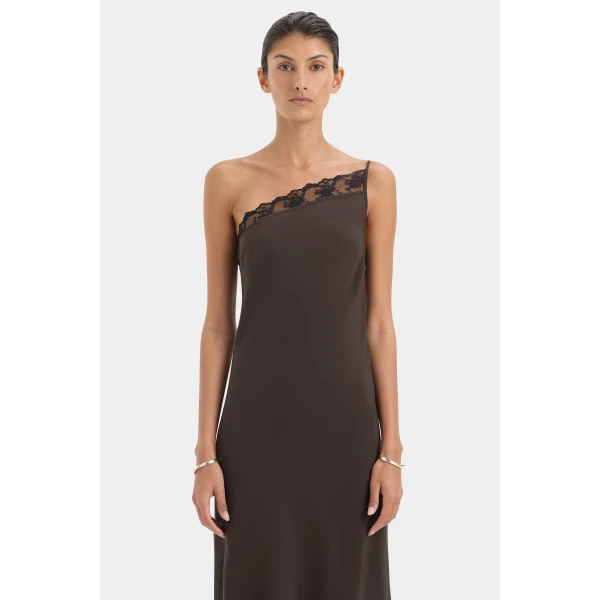 SIR the Label Aries One Shoulder Dress in Bitter Chocolate | Maxi Dresses | Coveti