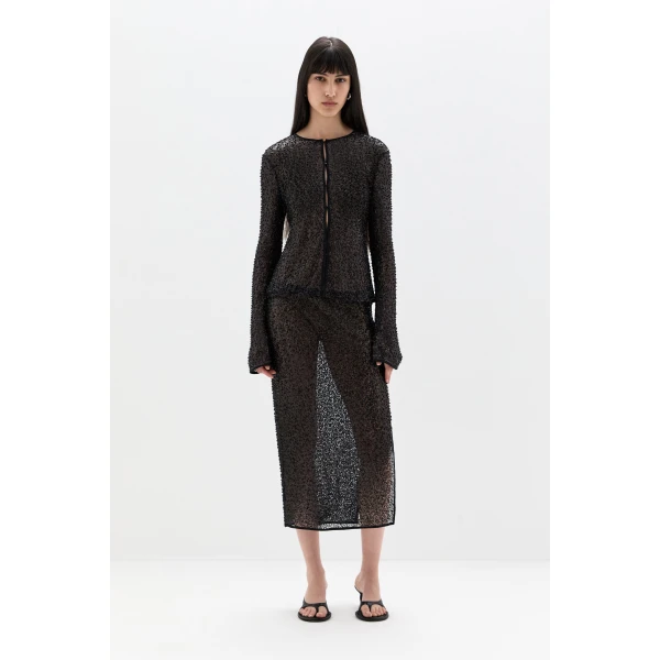SIR the Label Cassia Sequin Midi Skirt in Black | Midi Skirts | Coveti