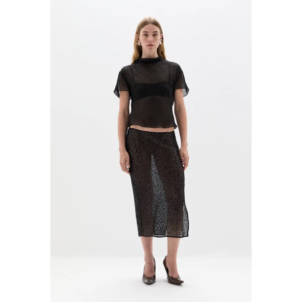 SIR the Label Cassia Sequin Midi Skirt in Black | Midi Skirts | Coveti