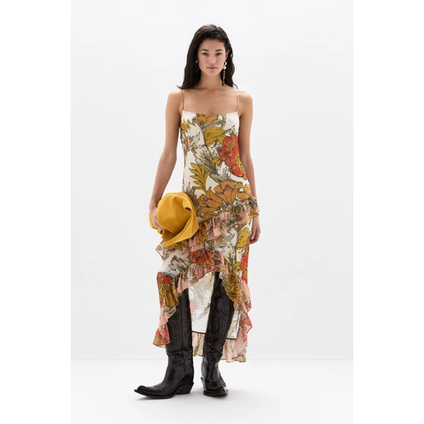 SIR the Label Estella Ruffle Maxi Dress in Aliera Floral Ivory | Maxi Dresses | Coveti