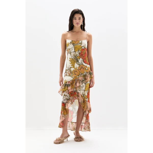 SIR the Label Estella Ruffle Maxi Dress in Aliera Floral Ivory | Maxi Dresses | Coveti