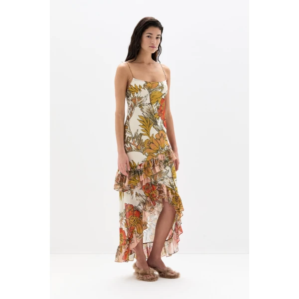 SIR the Label Estella Ruffle Maxi Dress in Aliera Floral Ivory | Maxi Dresses | Coveti