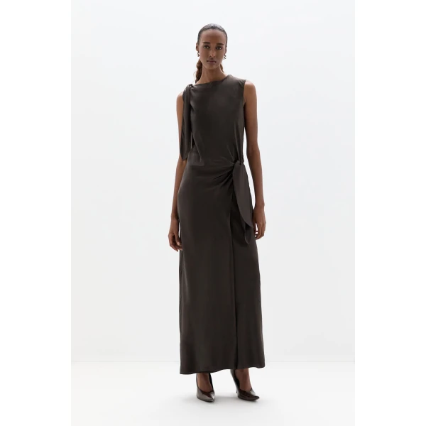 SIR the Label Gabriete Tie Shoulder Dress in Bitter Chocolate | Maxi Dresses | Coveti