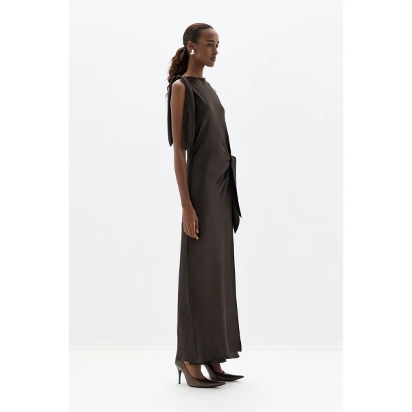 SIR the Label Gabriete Tie Shoulder Dress in Bitter Chocolate | Maxi Dresses | Coveti