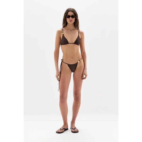 SIR the Label Jeanne Beaded String Triangle Top in Chocolate | Bikini | Coveti
