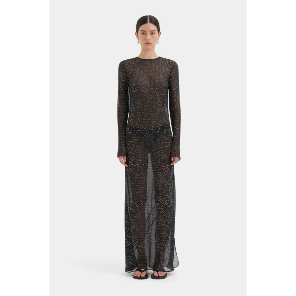 SIR the Label Lisander Long Sleeve Dress in Polka Dot Nero | Maxi Dresses | Coveti