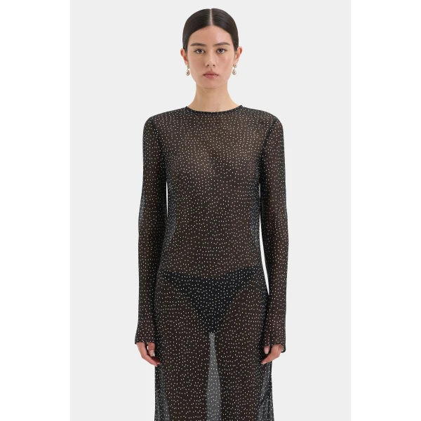 SIR the Label Lisander Long Sleeve Dress in Polka Dot Nero | Maxi Dresses | Coveti