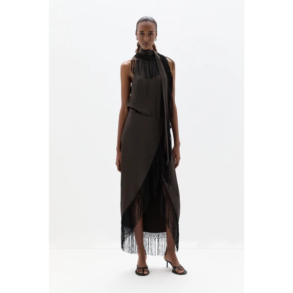 SIR the Label Lula Fringe Dress in Bitter Chocolate | Maxi Dresses | Coveti