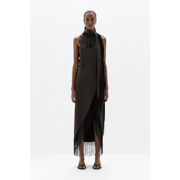 SIR the Label Lula Fringe Dress in Bitter Chocolate | Maxi Dresses | Coveti