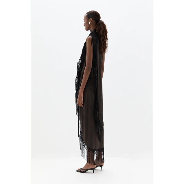 SIR the Label Lula Fringe Dress in Bitter Chocolate | Maxi Dresses | Coveti