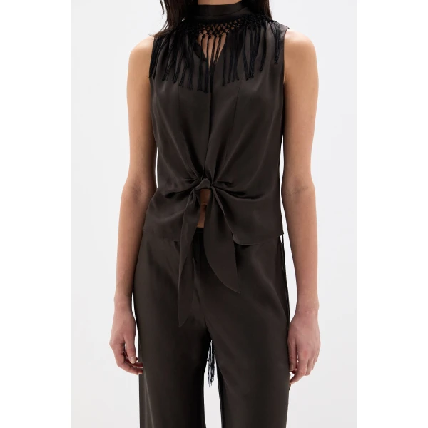 SIR the Label Lula Fringe Tie Top in Bitter Chocolate | Tops | Coveti