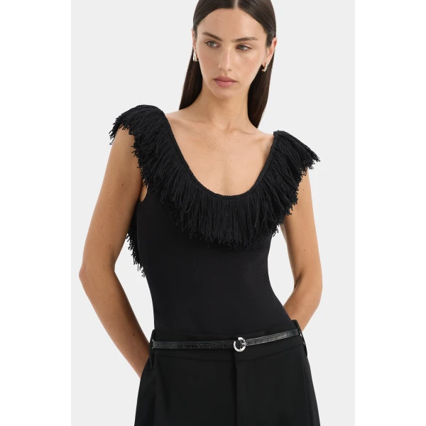 SIR the Label Marcelline Fringe Bodysuit in Black | Bodysuit | Coveti