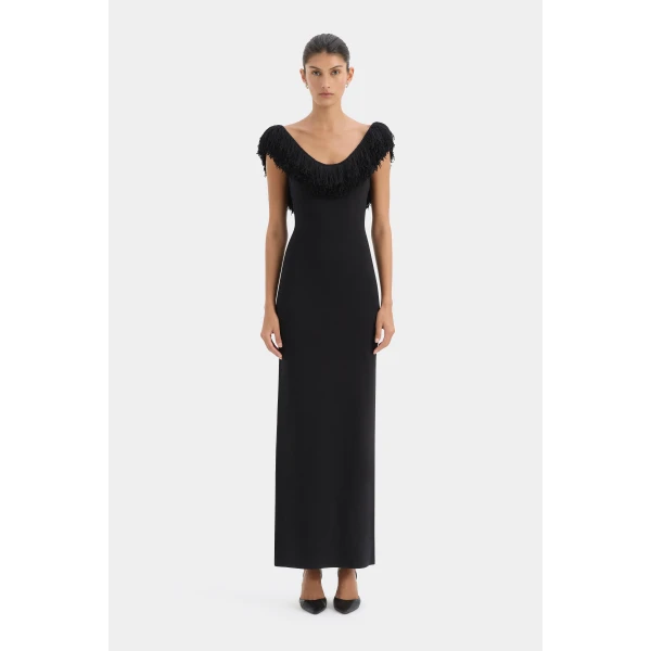 SIR the Label Marcelline Fringe Scoop Back Gown in Black | Evening Gowns | Coveti
