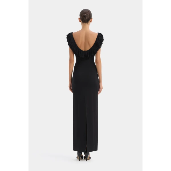 SIR the Label Marcelline Fringe Scoop Back Gown in Black | Evening Gowns | Coveti
