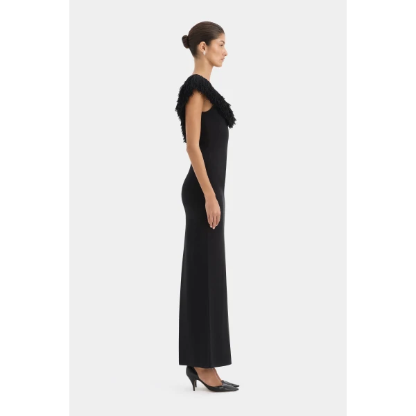 SIR the Label Marcelline Fringe Scoop Back Gown in Black | Evening Gowns | Coveti
