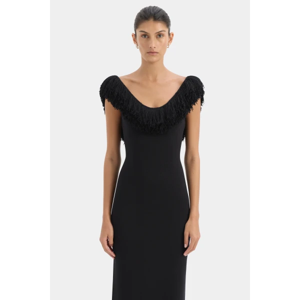 SIR the Label Marcelline Fringe Scoop Back Gown in Black | Evening Gowns | Coveti
