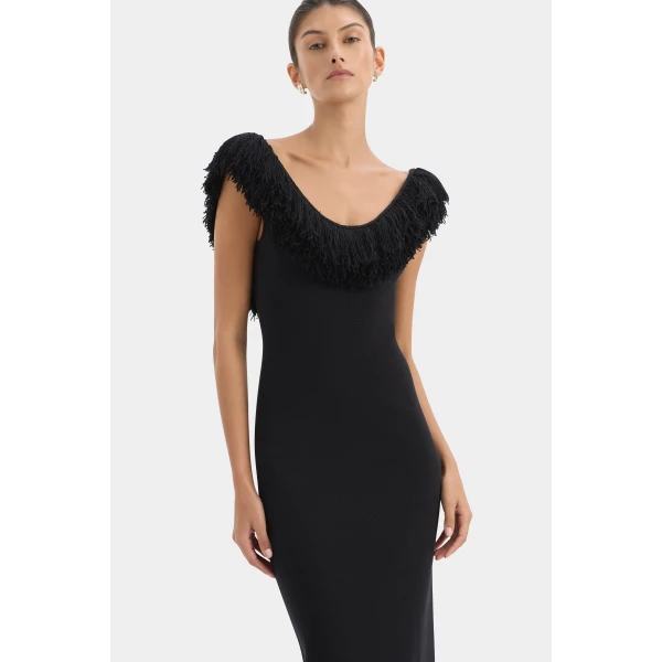 SIR the Label Marcelline Fringe Scoop Back Gown in Black | Evening Gowns | Coveti