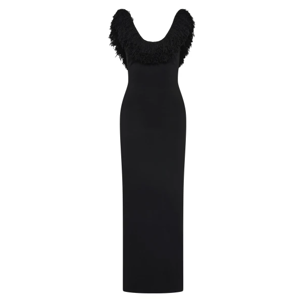 Marcelline Fringe Scoop Back Gown in Black