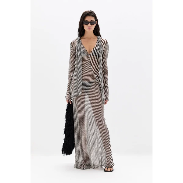 SIR the Label Marlowe Hooded Gown in Monochrome Stripe | Evening Gowns | Coveti