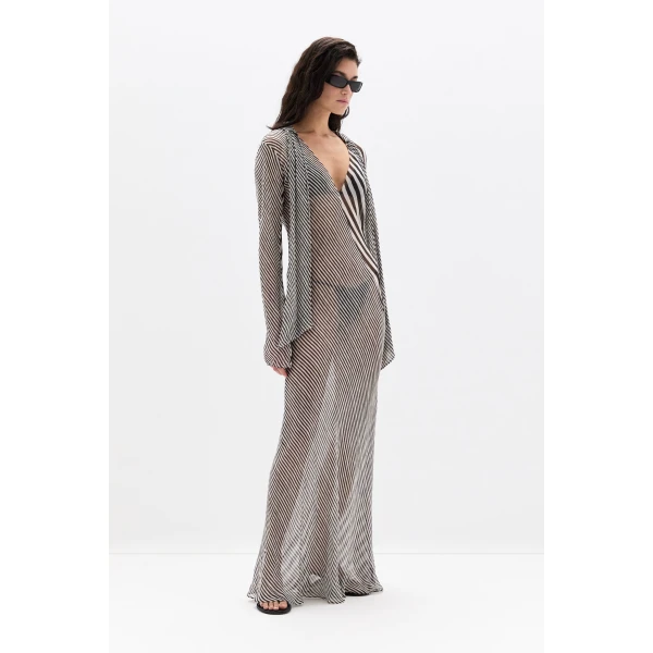 SIR the Label Marlowe Hooded Gown in Monochrome Stripe | Evening Gowns | Coveti