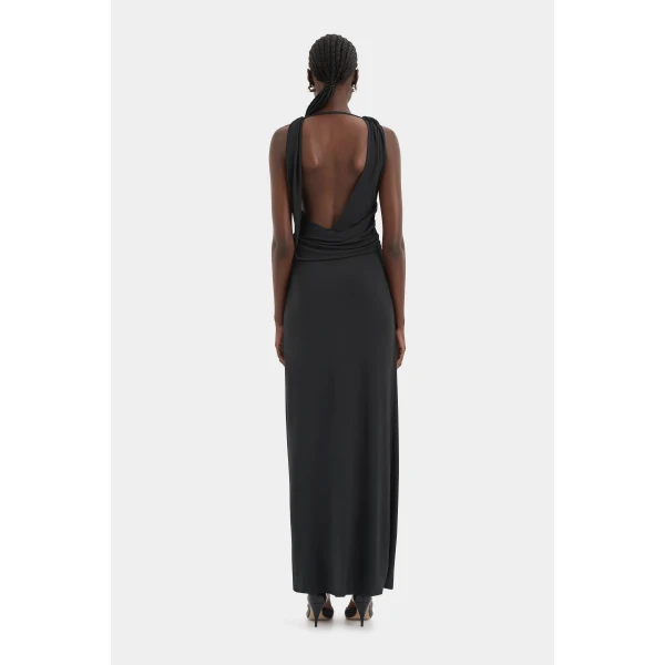 SIR the Label Olenna Twist Low Back Gown in Charcoal | Evening Gowns | Coveti