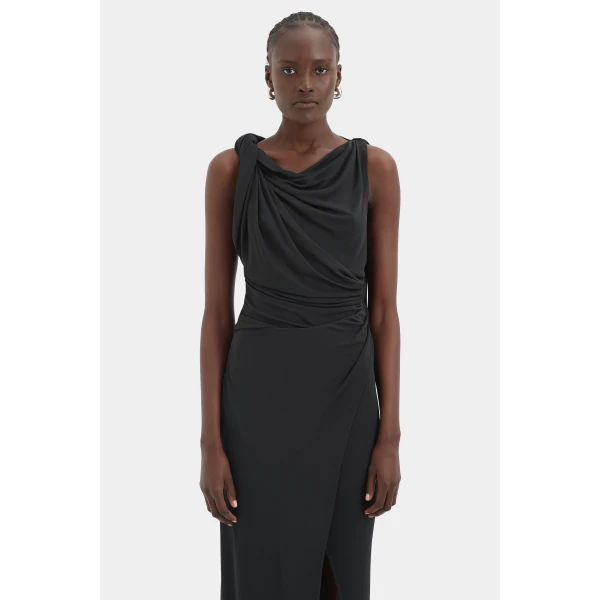 SIR the Label Olenna Twist Low Back Gown in Charcoal | Evening Gowns | Coveti