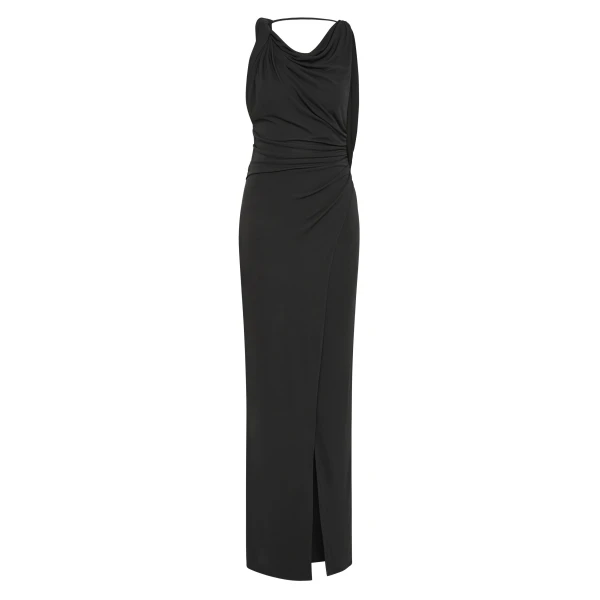 SIR the Label Olenna Twist Low Back Gown in Charcoal | Evening Gowns | Coveti