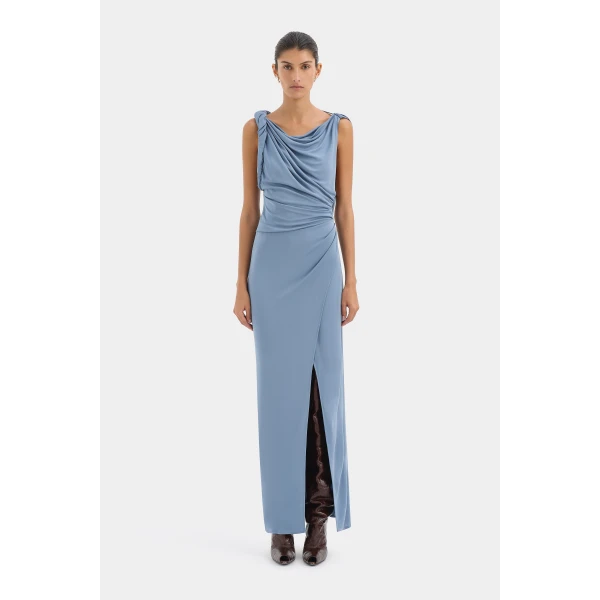 SIR the Label Olenna Twist Low Back Gown in Dusty Blue | Evening Gowns | Coveti