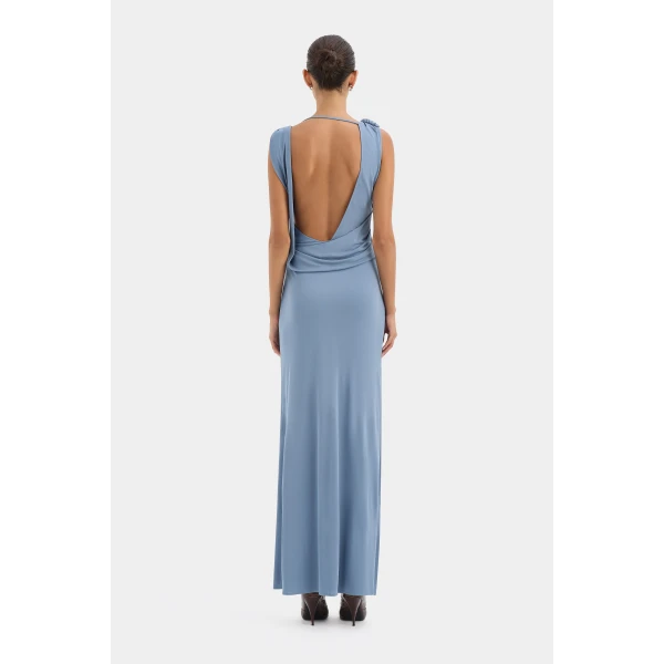 SIR the Label Olenna Twist Low Back Gown in Dusty Blue | Evening Gowns | Coveti