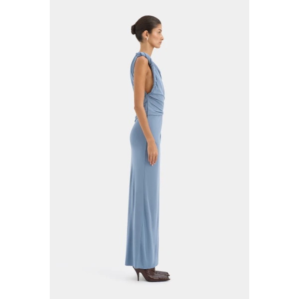 SIR the Label Olenna Twist Low Back Gown in Dusty Blue | Evening Gowns | Coveti