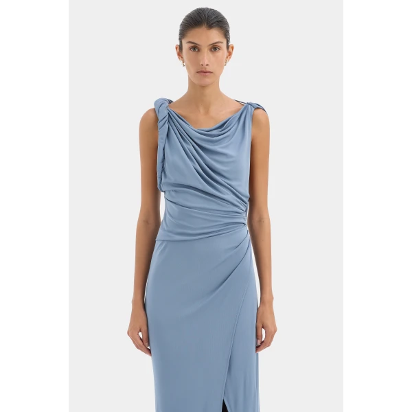 SIR the Label Olenna Twist Low Back Gown in Dusty Blue | Evening Gowns | Coveti