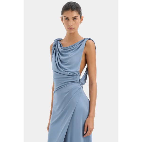 SIR the Label Olenna Twist Low Back Gown in Dusty Blue | Evening Gowns | Coveti