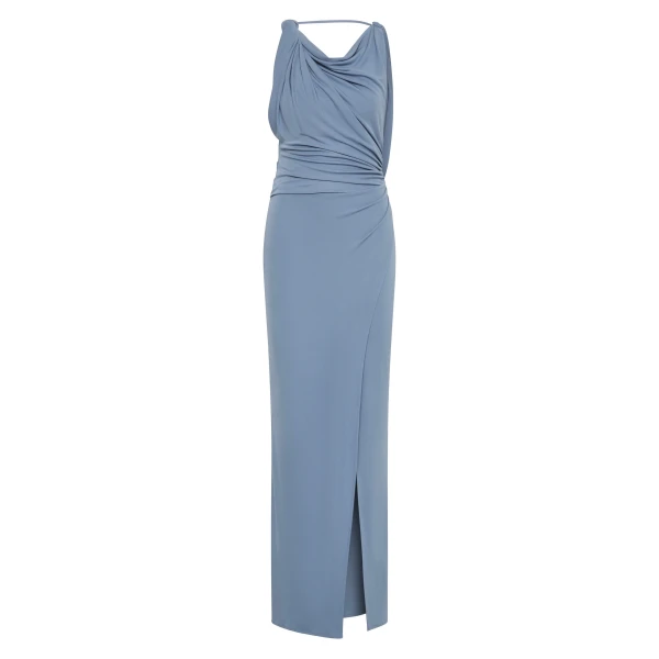 Olenna Twist Low Back Gown in Dusty Blue